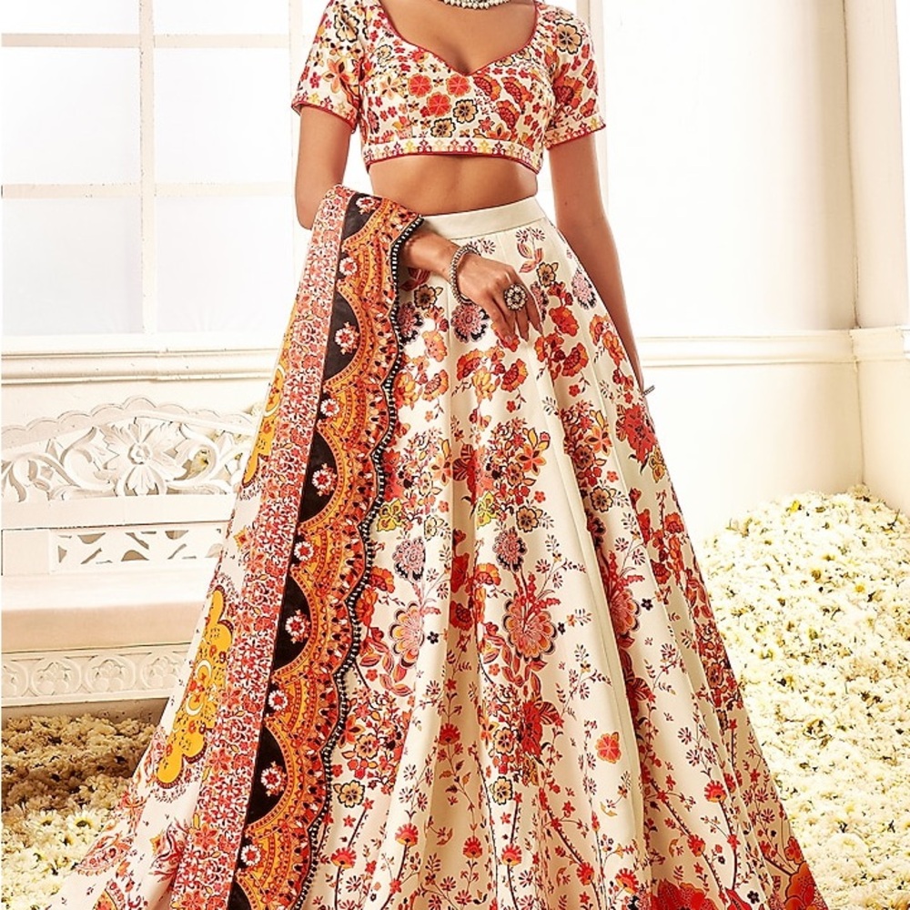 Vibrant Floral Cream and Red Lehenga
